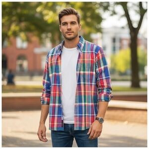 Embassy Row Men’s Button-Down Shirt. Burnt Orange, Red, Blue, Green. Size Large